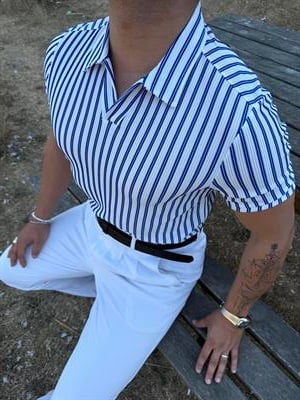 ÇİZGİLİ FİTİLLİ POLO YAKA TİŞÖRT LACİVERT
