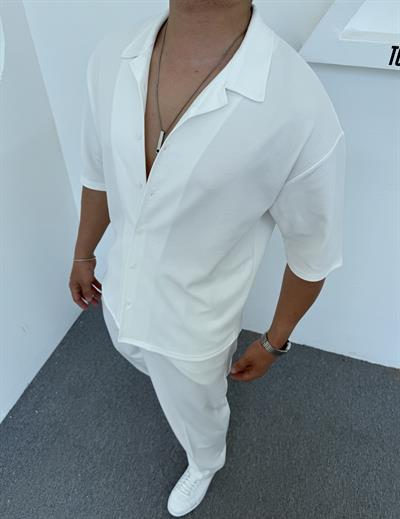 Crap Kumaş Kısakol Oversize Gömlek Beyaz