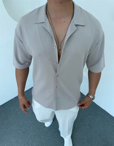 Crap Kumaş Kısakol Oversize Gömlek Gri