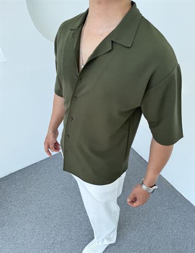 Crap Kumaş Kısakol Oversize Gömlek Haki