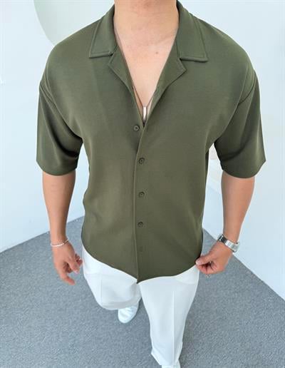 Crap Kumaş Kısakol Oversize Gömlek Haki
