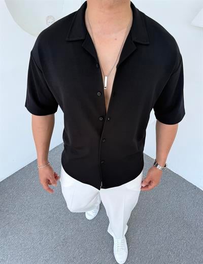Crap Kumaş Kısakol Oversize Gömlek Siyah
