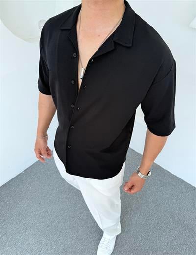 Crap Kumaş Kısakol Oversize Gömlek Siyah