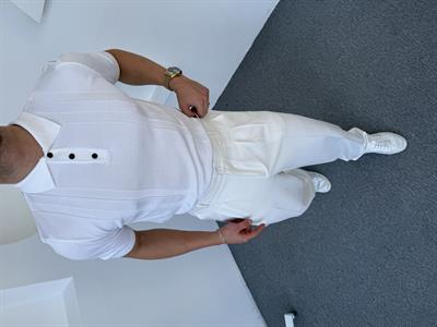 Düğme ve Şerit Detaylı Polo Yaka Triko T-Shirt Beyaz