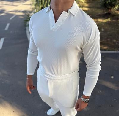 FİTİLLİ POLO YAKA SWEATSHİRT BEYAZ