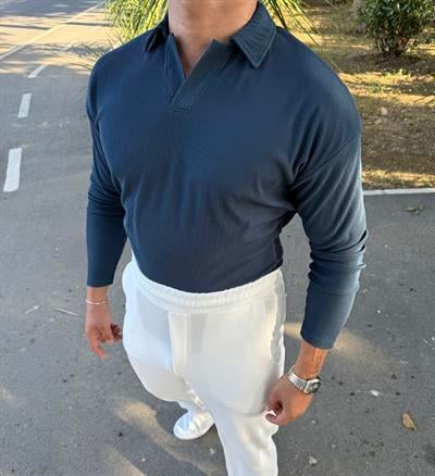 FİTİLLİ POLO YAKA SWEATSHİRT PETROL YEŞİLİ
