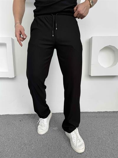 Fitilli Polo Yaka T-Shirt Baggy Pantolon Takım Siyah