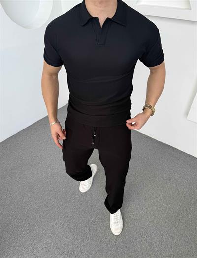 Fitilli Polo Yaka T-Shirt Baggy Pantolon Takım Siyah