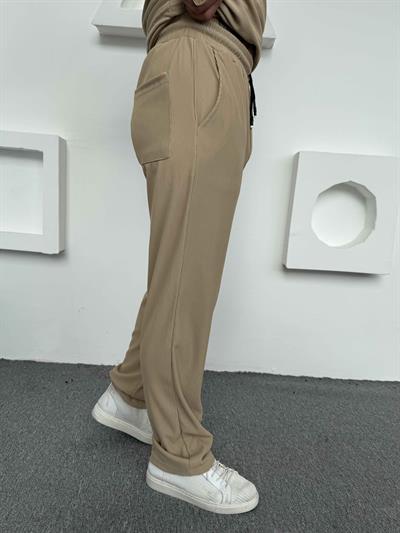 Fitilli Polo Yaka T-Shirt Baggy Pantolon Takım Krem
