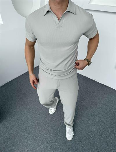 Fitilli Polo Yaka T-Shirt Baggy Pantolon Takım Gri