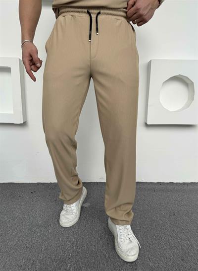 Fitilli Polo Yaka T-Shirt Baggy Pantolon Takım Krem