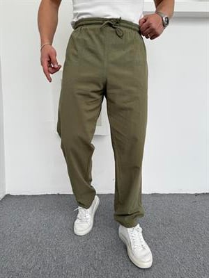 Ham Keten Pamuk Baggy Pantolon Haki