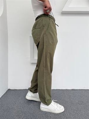 Ham Keten Pamuk Baggy Pantolon Haki