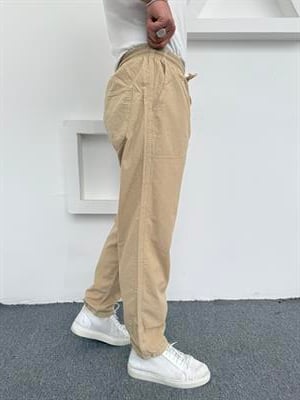 Ham Keten Pamuk Baggy Pantolon Krem