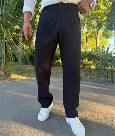 HAM KETEN PİLELİ BAGGY PANTOLON SİYAH
