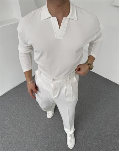 Hemşire Yaka Ottoman Uzunkol Sweatshirt Beyaz