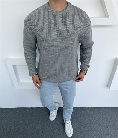 Kalın Bisiklet Yaka Oversize Triko Gri
