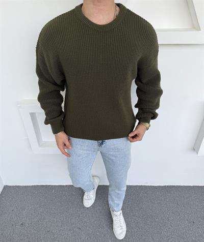 Kalın Bisiklet Yaka Oversize Triko Haki