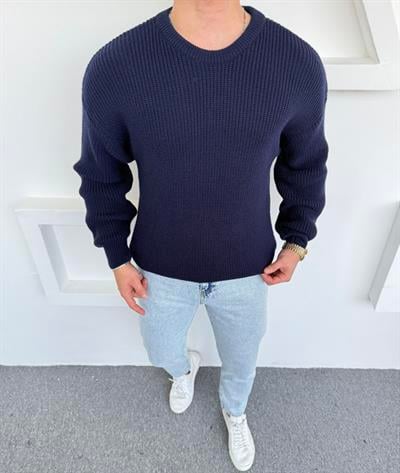 Kalın Bisiklet Yaka Oversize Triko Lacivert