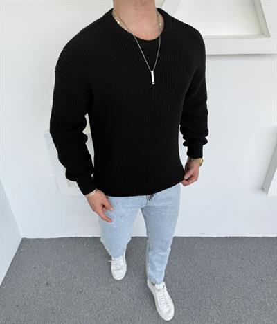 Kalın Bisiklet Yaka Oversize Triko Siyah