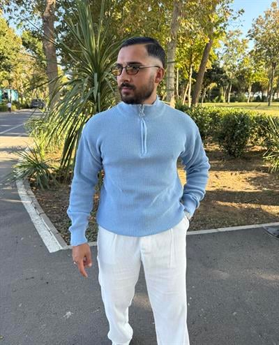 KALIN ÖRGÜ YARIM FERMUAR TRİKO SWEATSHİRT BEBE MAVİSİ
