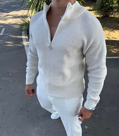 KALIN ÖRGÜ YARIM FERMUAR TRİKO SWEATSHİRT BEYAZ