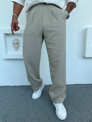 KUŞAK DETAYLI %100 PAMUK HAM KETEN BAGGY PANTOLON TAŞ GRİ