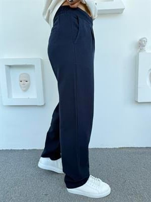 KUŞAK DETAYLI %100 PAMUK HAM KETEN BAGGY PANTOLON LACİVERT