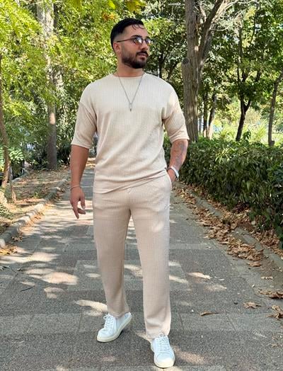 OVERSİZE RAY DESEN BAGGY TAKIM KREM