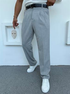Pileli Premium Kumaş Baggy Pantolon Gri