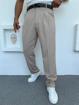 Pileli Premium Kumaş Baggy Pantolon Krem