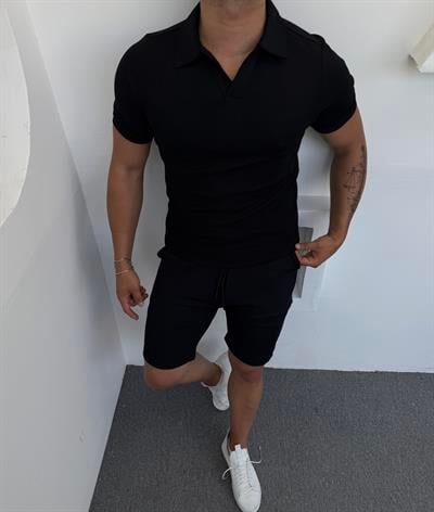 Polo Yaka Şortlu Takım Siyah