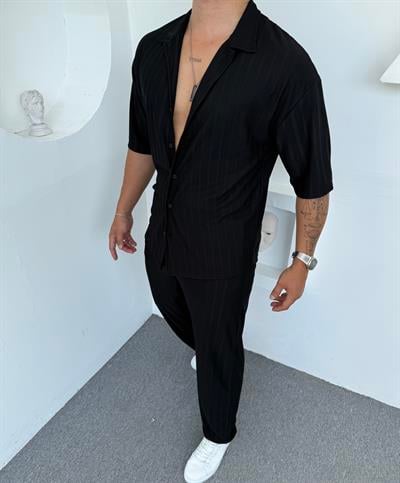RAPOR ÇİZGİLİ PAMUK TAKIM SİYAH