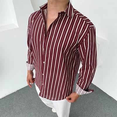 Şerit Detaylı Keten Gömlek Bordo