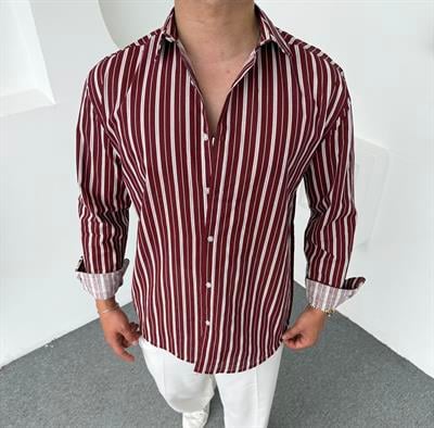 Şerit Detaylı Keten Gömlek Bordo