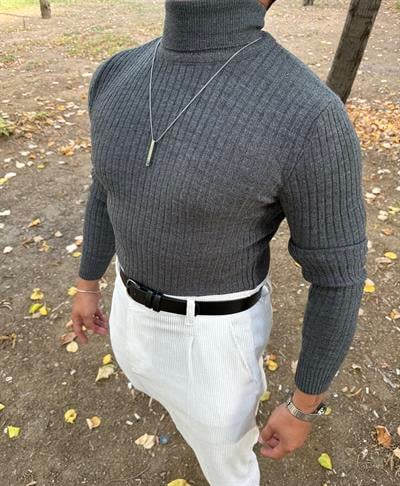 TAM BOĞAZLI FİTİLLİ TRİKO SWEATSHİRT ANTRASİT