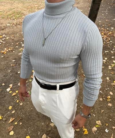TAM BOĞAZLI FİTİLLİ TRİKO SWEATSHİRT GRİ