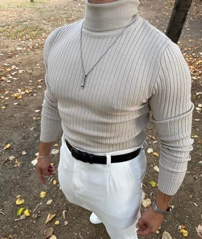 TAM BOĞAZLI FİTİLLİ TRİKO SWEATSHİRT KREM