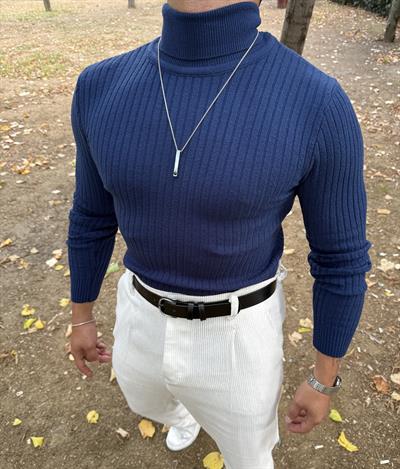 TAM BOĞAZLI FİTİLLİ TRİKO SWEATSHİRT LACİVERT