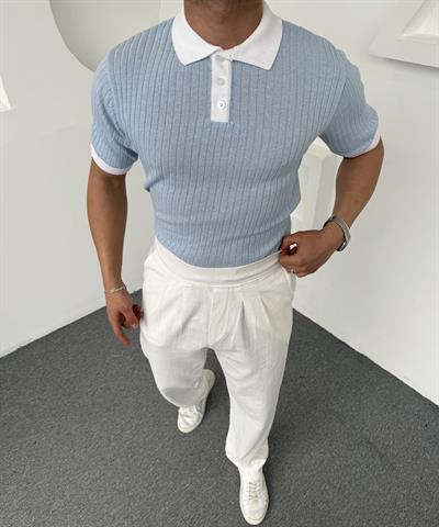 Yaka Renkli Triko Polo Yaka Bebe Mavisi