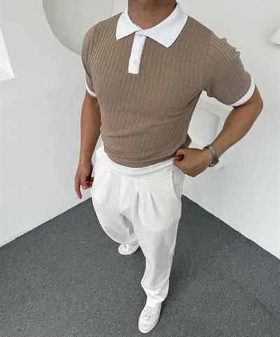Yaka Renkli Triko Polo Yaka Bej