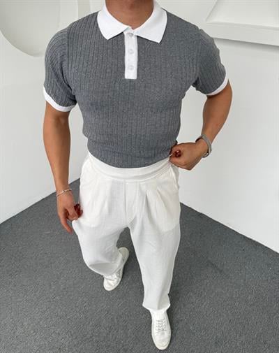 Yaka Renkli Triko Polo Yaka Gri
