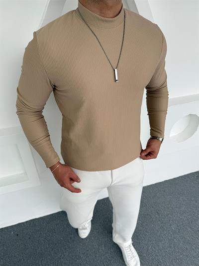 Yarım Balıkçı İçi Şardonlu Pamuk Sweat Bej