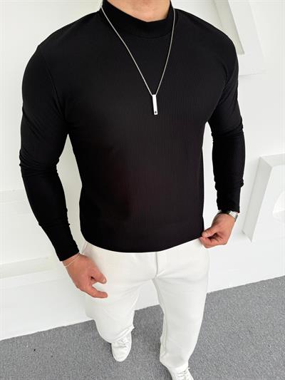 Yarım Balıkçı İçi Şardonlu Pamuk Sweat Siyah
