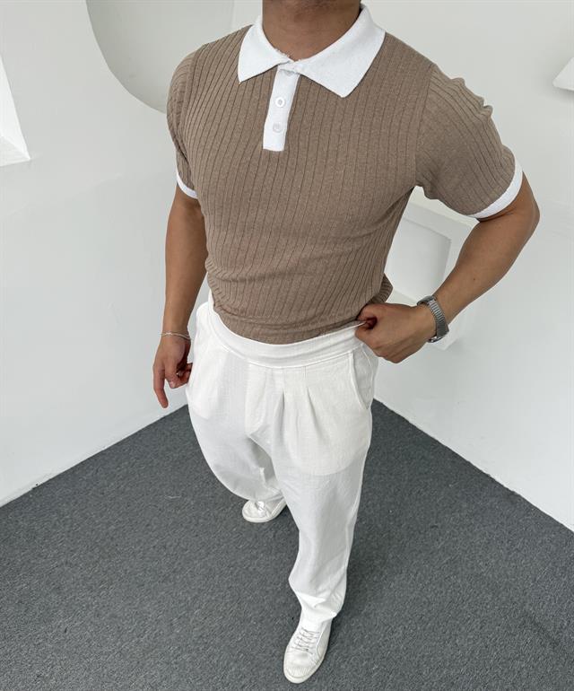 Yaka Renkli Triko Polo Yaka Bej