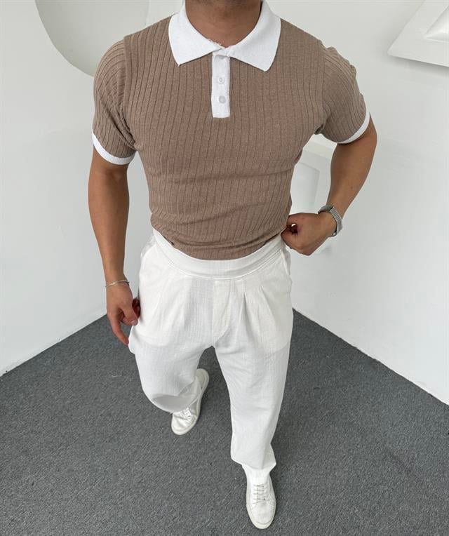 Yaka Renkli Triko Polo Yaka Bej
