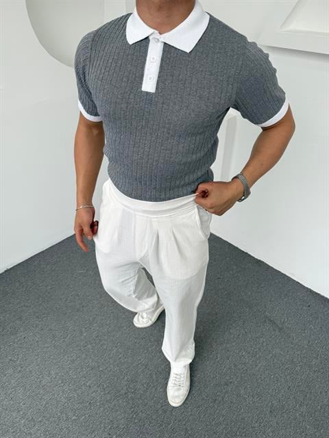 Yaka Renkli Triko Polo Yaka Gri