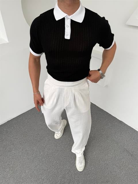 Yaka Renkli Triko Polo Yaka Siyah