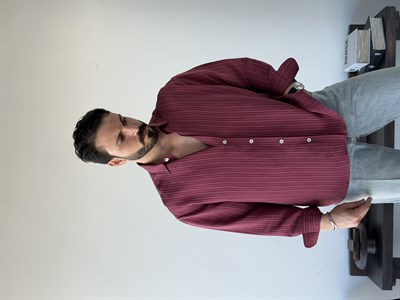 Aline Oversize Çizgili Bordo Gömlek
