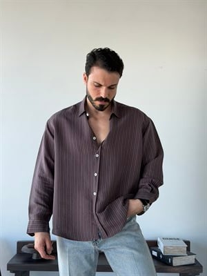 Aline Oversize Çizgili Kahve Gömlek